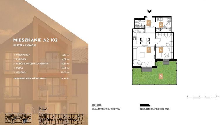Rzut - Mieszkanie na sprzedaż 2 pokoje o powierzchni 47,37 m² - numer A2.102 w MOTTO Wojnów