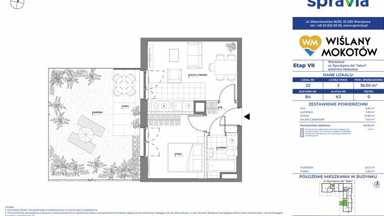 Rzut - Mieszkanie na sprzedaż 2 pokoje o powierzchni 36,05 m² - numer 4.22 w Wiślany Mokotów VII