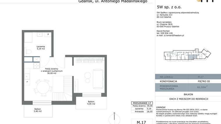Rzut - Mieszkanie na sprzedaż 3 pokoje o powierzchni 61,32 m² - numer M17 w Madalińskiego