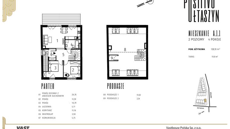 Rzut - Mieszkanie na sprzedaż 5 pokoi o powierzchni 128,1 m² - numer A.1.1 w Positivo Ołtaszyn