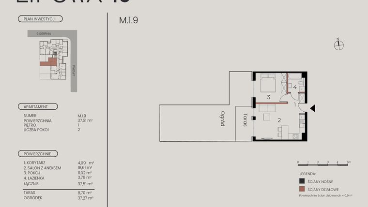 Rzut - Mieszkanie na sprzedaż 2 pokoje o powierzchni 37,51 m² - numer M.1.9 w Lipowa 43