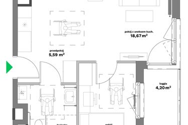Rzut - Mieszkanie na sprzedaż 2 pokoje o powierzchni 37,43 m² - numer B2-22 w Forma Otwarta etap II