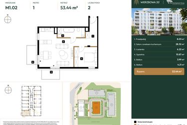 Rzut - Mieszkanie na sprzedaż 1 pokój o powierzchni 53,44 m² - numer 2.M1.02 w Wierzbowa 20