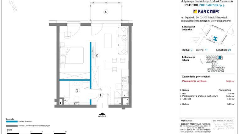 Rzut - Mieszkanie na sprzedaż 1 pokój o powierzchni 38,06 m² - numer 24 w Daszyńskiego Square etap 2
