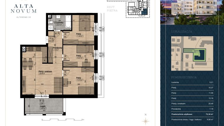 Rzut - Mieszkanie na sprzedaż 4 pokoje o powierzchni 73,34 m² - numer 15 w Alta Novum