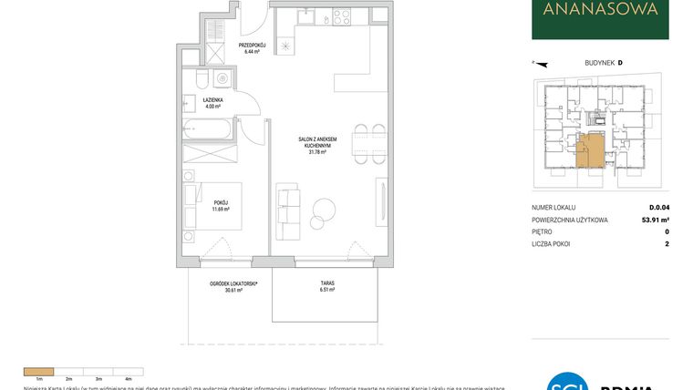 Rzut - Mieszkanie na sprzedaż 2 pokoje o powierzchni 53,91 m² - numer D.0.04 w Ananasowa