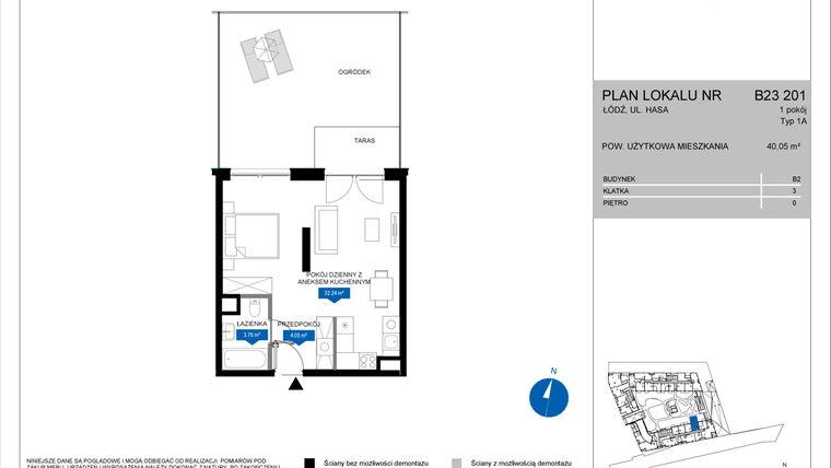 Rzut - Mieszkanie na sprzedaż 1 pokój o powierzchni 40,05 m² - numer B23 201 w Flow - bud. B2 A i bud. B2 B