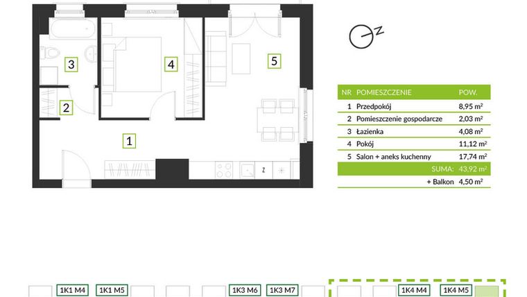 Rzut - Mieszkanie na sprzedaż 2 pokoje o powierzchni 43,92 m² - numer 1K4 M5 w Osiedle Krzeptów przy lesie