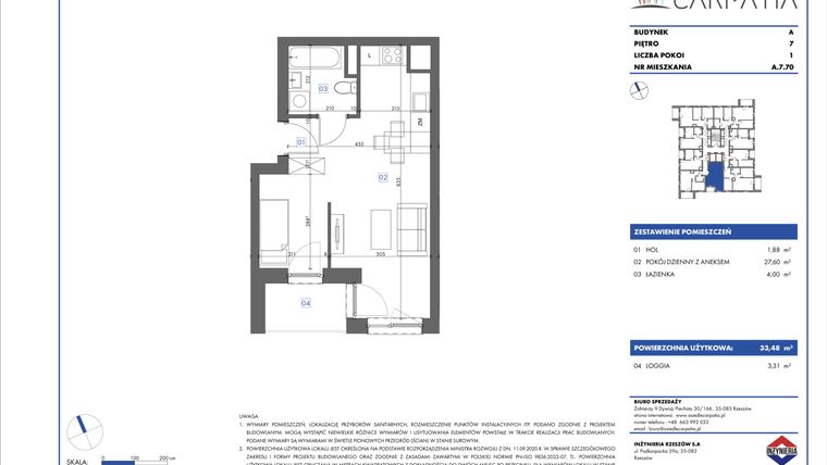 Rzut - Mieszkanie na sprzedaż 1 pokój o powierzchni 33,33 m² - numer A.7.70 w Osiedle Carpatia Etap III