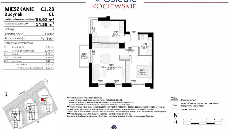 Rzut - Mieszkanie na sprzedaż 3 pokoje o powierzchni 54,36 m² - numer C1.23 w Osiedle Kociewskie etap III