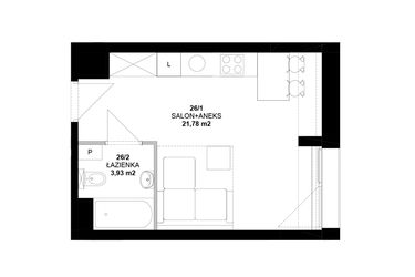 Rzut - Mieszkanie na sprzedaż 1 pokój o powierzchni 25,71 m² - numer 26 w Garbary 40