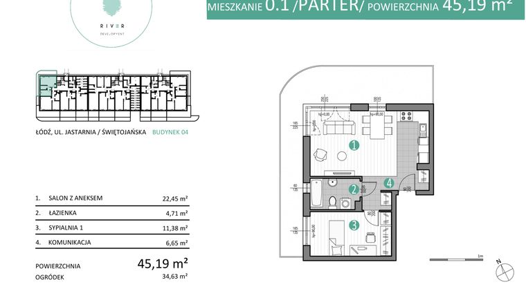 Rzut - Mieszkanie na sprzedaż 2 pokoje o powierzchni 45,19 m² - numer 04.0.1 w Port Jastarnia bud. 01, 04