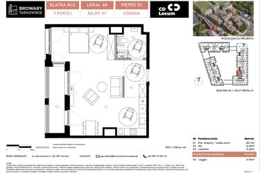 Rzut - Mieszkanie na sprzedaż 1 pokój o powierzchni 56 m² - numer B1.1.46 w Browary Tarnowskie etap 1
