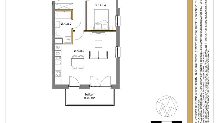 Rzut - Mieszkanie na sprzedaż 2 pokoje o powierzchni 51,83 m² - numer 128 w Osiedle Sfera etap II