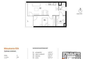 Rzut - Mieszkanie na sprzedaż 2 pokoje o powierzchni 43,5 m² - numer A.A004 w Miasto Polskich Mistrzów Olimpijskich II