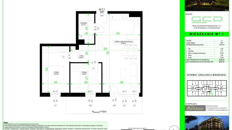 Rzut - Mieszkanie na sprzedaż 3 pokoje o powierzchni 52,42 m² - numer 7.1. w City Park Apartments