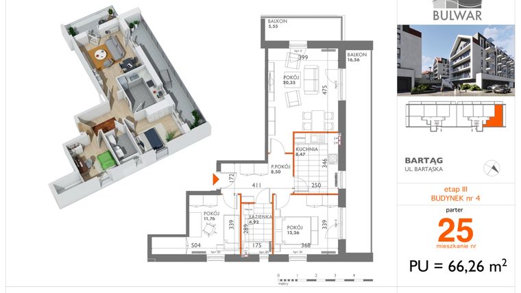 Rzut - Mieszkanie na sprzedaż 3 pokoje o powierzchni 66,26 m² - numer 25 w Osiedle Bulwar bud. 4