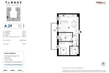 Rzut - Mieszkanie na sprzedaż 3 pokoje o powierzchni 57,37 m² - numer A.29 w Tarasy Bernardyńskie