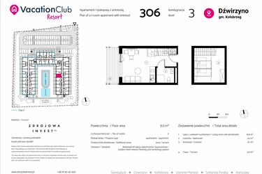 Rzut - Mieszkanie na sprzedaż 1 pokój o powierzchni 31,3 m² - numer 306 w VacationClub Resort