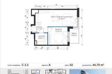 Rzut - Mieszkanie na sprzedaż 2 pokoje o powierzchni 44,7 m² - numer C 2.2 w Nowe Zabłocie