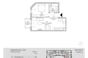 Rzut - Mieszkanie na sprzedaż 2 pokoje o powierzchni 43,76 m² - numer BII.1.M50 w Przewóz 42 ATAL II