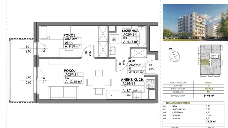 Rzut - Mieszkanie na sprzedaż 2 pokoje o powierzchni 34,08 m² - numer A00_M21 w Wierzbowy Park