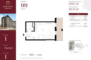 Rzut - Mieszkanie na sprzedaż 1 pokój o powierzchni 28,67 m² - numer 1.M99 w Krakowska Rogatka