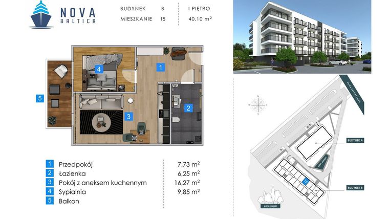 Rzut - Mieszkanie na sprzedaż 2 pokoje o powierzchni 40,1 m² - numer B15 w Nova Baltica Mieszkania Kołobrzeg