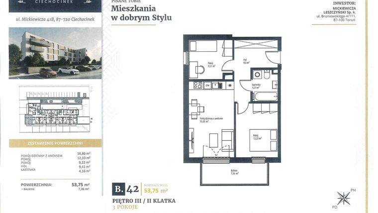 Rzut - Mieszkanie na sprzedaż 3 pokoje o powierzchni 53,75 m² - numer B42 w Mickiewicza