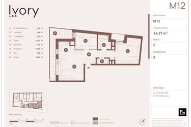 Rzut - Mieszkanie na sprzedaż 3 pokoje o powierzchni 64,27 m² - numer M12 w Ivory