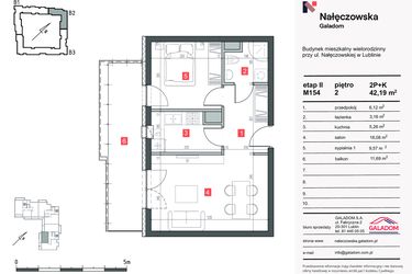 Rzut - Mieszkanie na sprzedaż 2 pokoje o powierzchni 42,19 m² - numer M-154 w Nałęczowska etap II