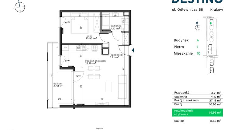 Rzut - Mieszkanie na sprzedaż 2 pokoje o powierzchni 45,95 m² - numer A-10 w Destino