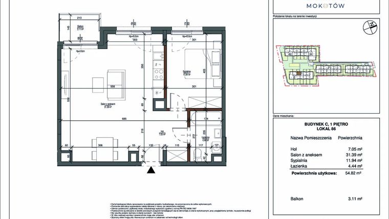 Rzut - Mieszkanie na sprzedaż 2 pokoje o powierzchni 54,82 m² - numer 86 w Aura Mokotów II