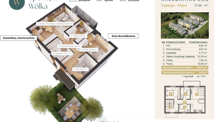 Rzut - Mieszkanie na sprzedaż 3 pokoje o powierzchni 57,66 m² - numer C3/2 w Spokojna Wólka etap IV