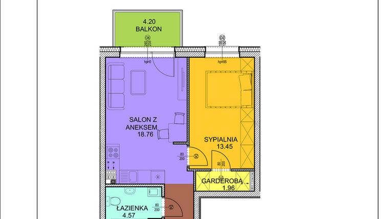 Rzut - Mieszkanie na sprzedaż 2 pokoje o powierzchni 44,23 m² - numer D12 w Osiedle Zuchów