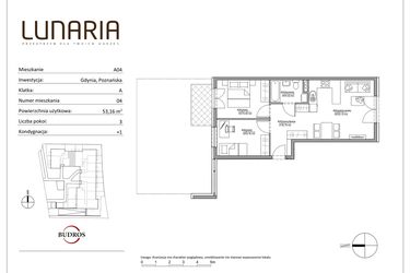 Rzut - Mieszkanie na sprzedaż 3 pokoje o powierzchni 53,16 m² - numer A04 w Lunaria