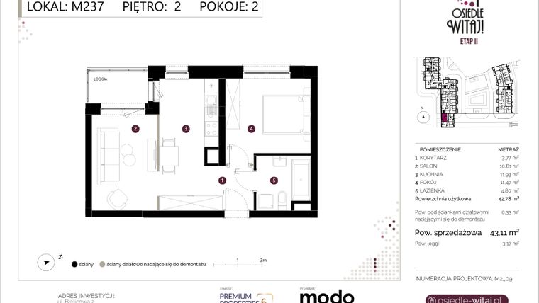 Rzut - Mieszkanie na sprzedaż 2 pokoje o powierzchni 43,11 m² - numer M237 w Osiedle Witaj etap II