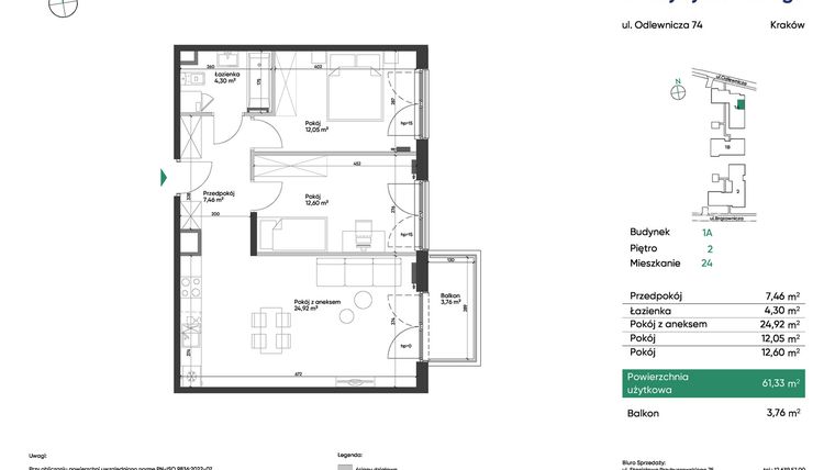 Rzut - Mieszkanie na sprzedaż 3 pokoje o powierzchni 61,33 m² - numer 1A_M24 w U Przybyszewskiego etap 4
