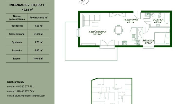 Rzut - Mieszkanie na sprzedaż 2 pokoje o powierzchni 49,86 m² - numer 9 w Bukowa etap II