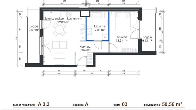 Rzut - Mieszkanie na sprzedaż 2 pokoje o powierzchni 50,56 m² - numer A 3.3 w Nowe Zabłocie