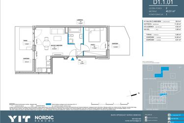 Rzut - Mieszkanie na sprzedaż 2 pokoje o powierzchni 40,51 m² - numer D1.1.01 w Nordic Bemowo - etap IV