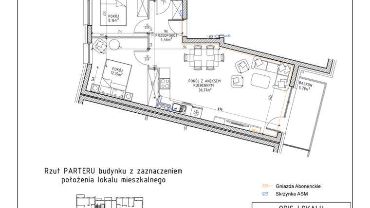 Rzut - Mieszkanie na sprzedaż 3 pokoje o powierzchni 60,65 m² - numer 24 w Osiedle Sady bud. E4