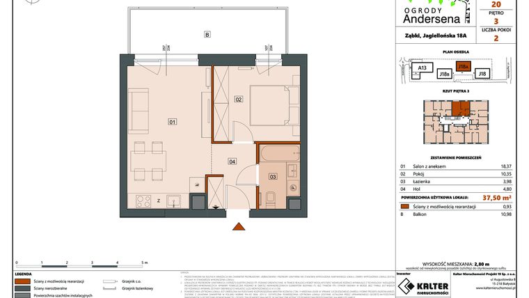 Rzut - Mieszkanie na sprzedaż 2 pokoje o powierzchni 37,5 m² - numer 20C w Ogrody Andersena