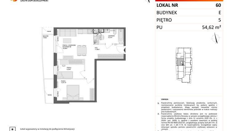 Rzut - Mieszkanie na sprzedaż 3 pokoje o powierzchni 54,62 m² - numer E.60 w Osiedle Synteza etap IV