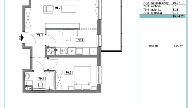 Rzut - Mieszkanie na sprzedaż 2 pokoje o powierzchni 45,21 m² - numer D.79 w Osiedle Kościuszki etap II