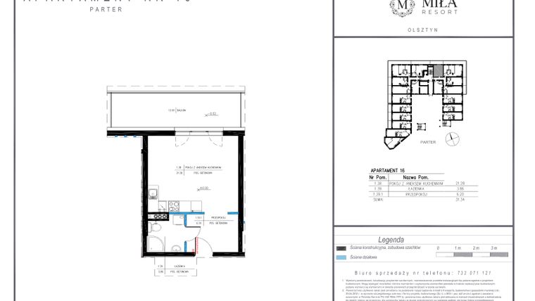 Rzut - Mieszkanie na sprzedaż 1 pokój o powierzchni 31,34 m² - numer 16 w Miła Resort