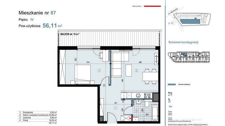 Rzut - Mieszkanie na sprzedaż 2 pokoje o powierzchni 56,11 m² - numer 87 w Medyków 32
