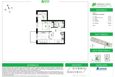 Rzut - Mieszkanie na sprzedaż 2 pokoje o powierzchni 41,93 m² - numer B/1/11 w Osiedle Parkowe Aleje etap III