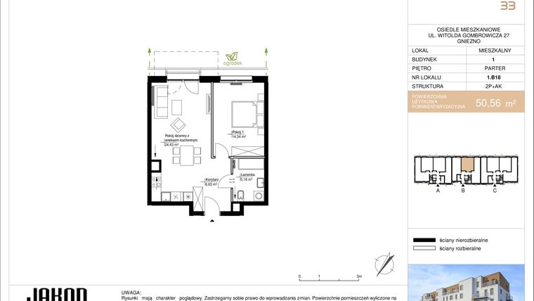 Rzut - Mieszkanie na sprzedaż 2 pokoje o powierzchni 50,56 m² - numer 1.B18 w Gombrowicza 33
