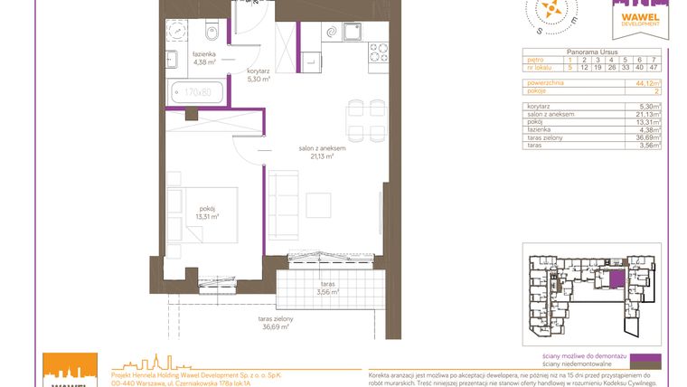 Rzut - Mieszkanie na sprzedaż 2 pokoje o powierzchni 44,12 m² - numer 5 w Panorama Ursus